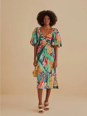 NWT FARM Rio Banana Foliage Midi Dress Sz: XS| Resort, Vacation, Boho, Tropical